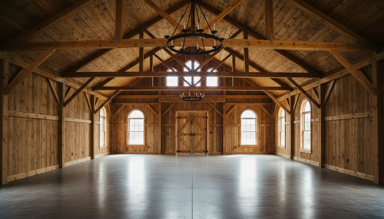 Empty rustic barn wedding venue before AI transformation