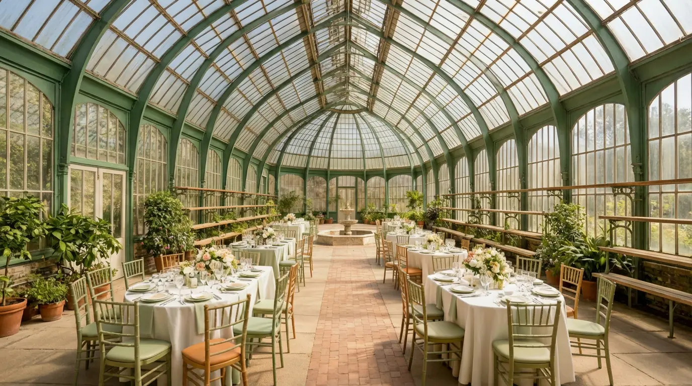 Greenhouse transformed with elegant sage green wedding decor