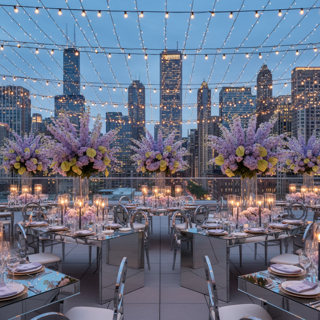 Celestial Lavender and Chartreuse Chicago Rooftop Wedding Ideas inspiration image