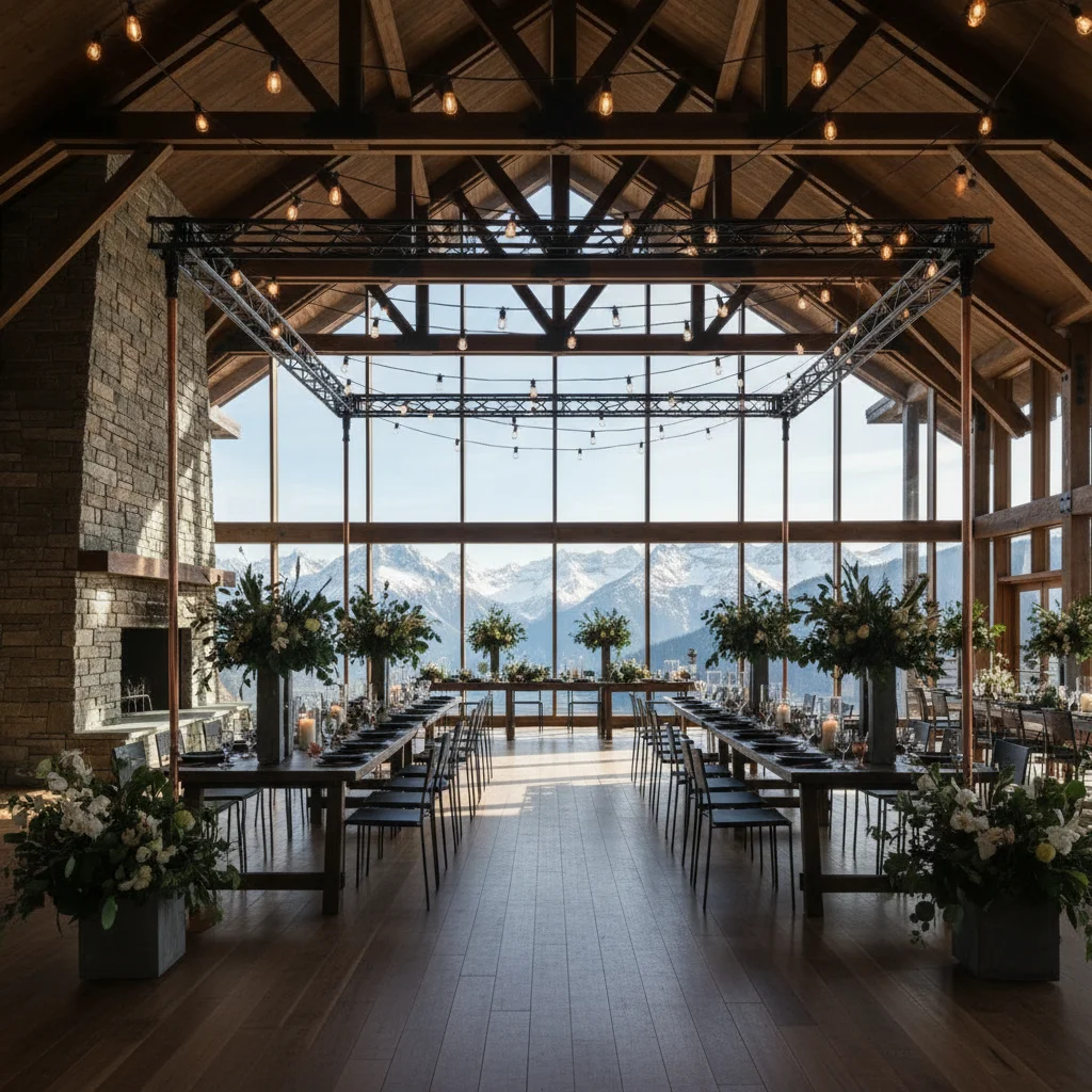 Industrial warehouse wedding with exposed brick and greenery