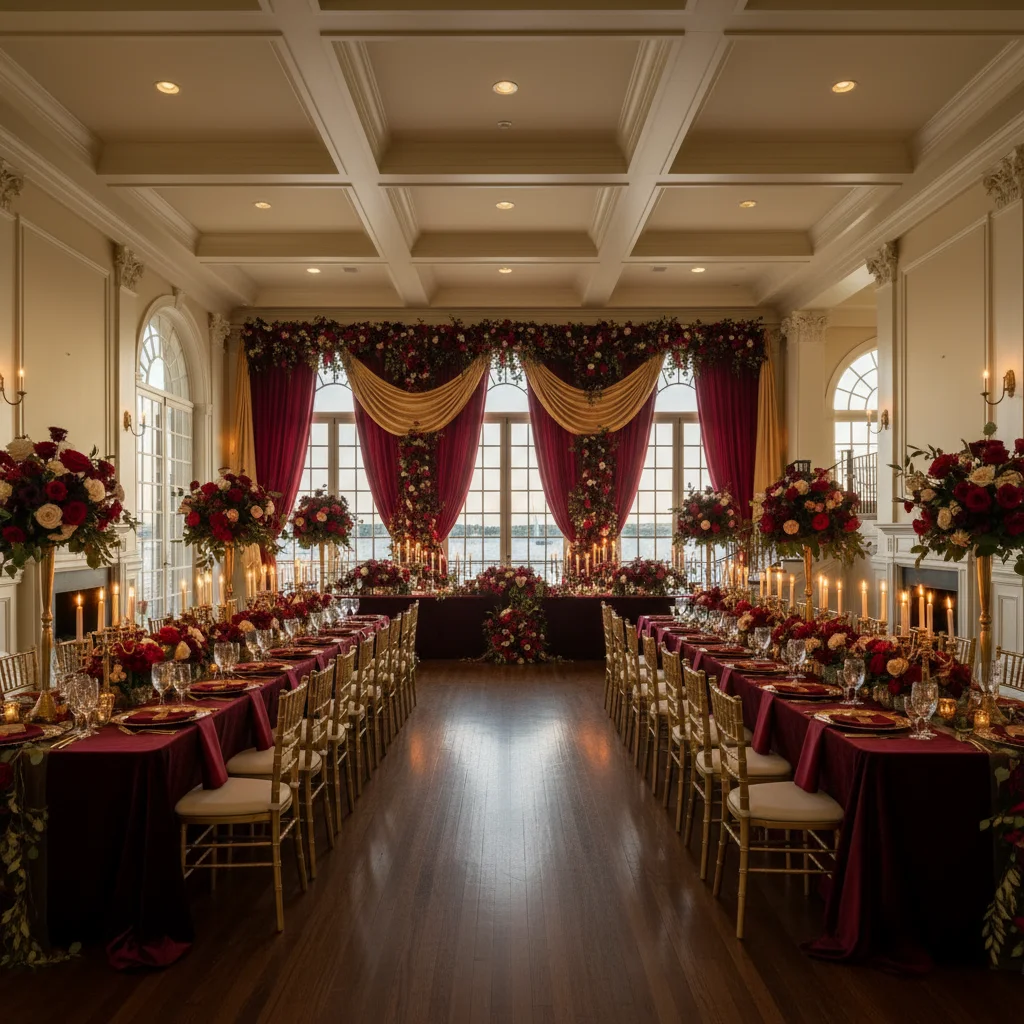 Red Wedding Theme venue design with Passionate and romantic with rich red tones and elegant accents