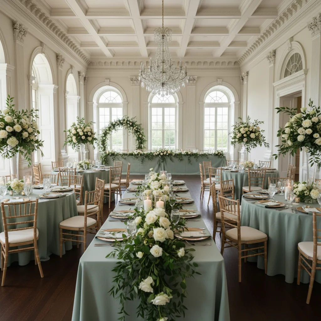 Sage green wedding venue styling